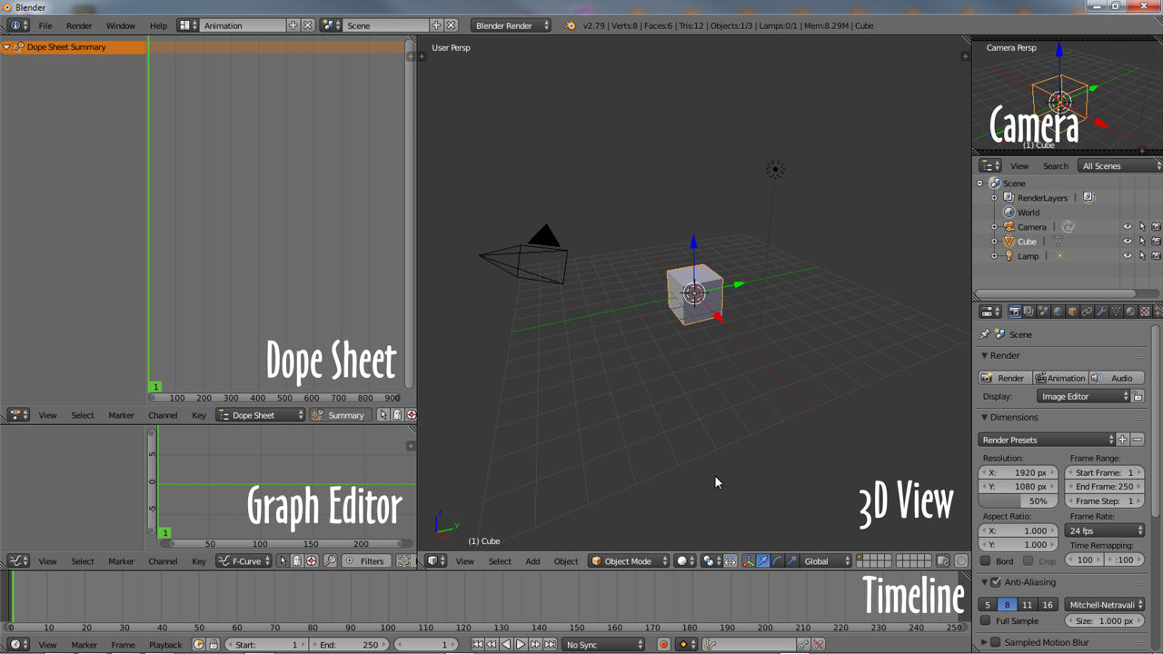 Animation layout showing some of the different animation editors in Blender