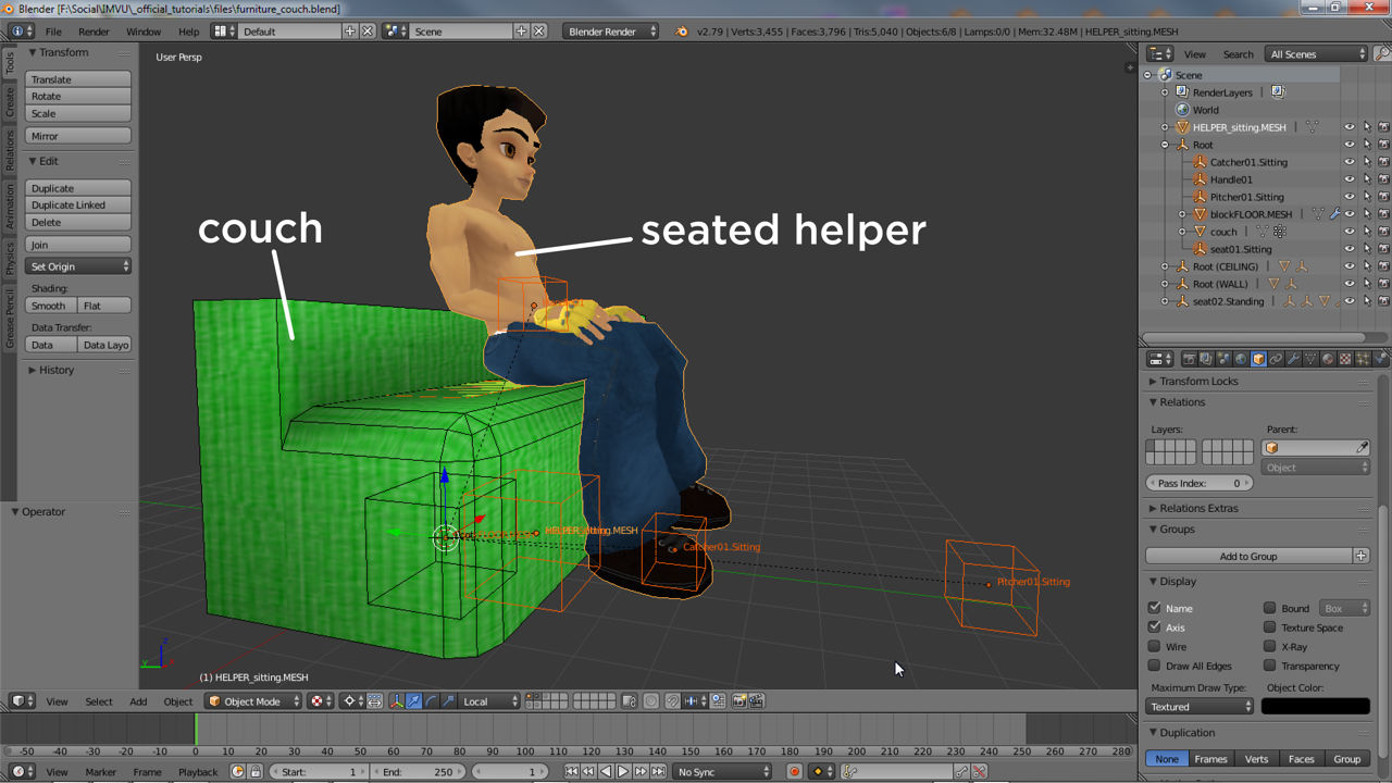 The seated helper being used to position the seat nodes and avatar in relation to a couch