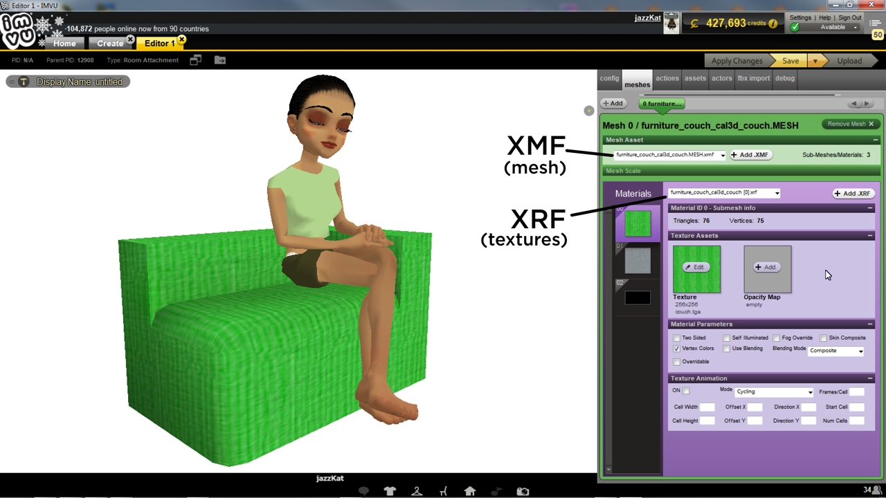 The manually assembled couch with seat in and IMVU Create mode Editor