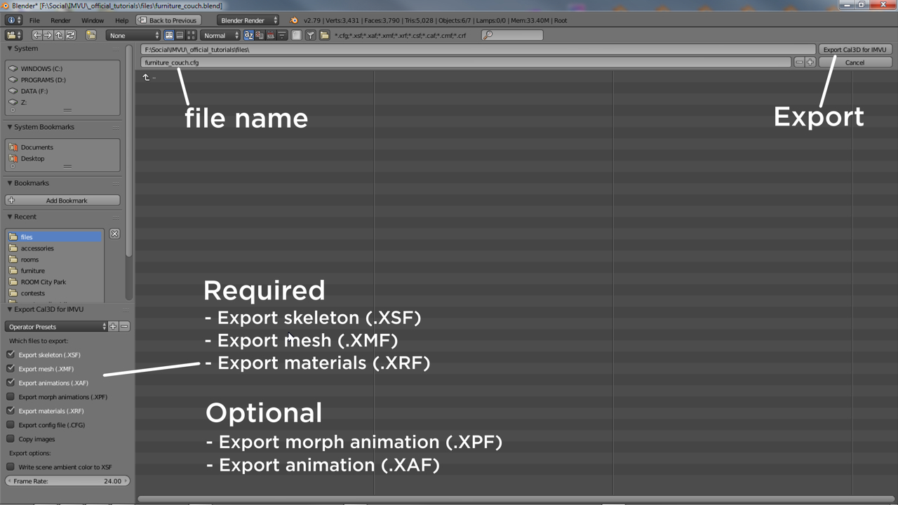 A number of files need to be generated when exporting to Cal3D, typically skeleton, mesh and materials