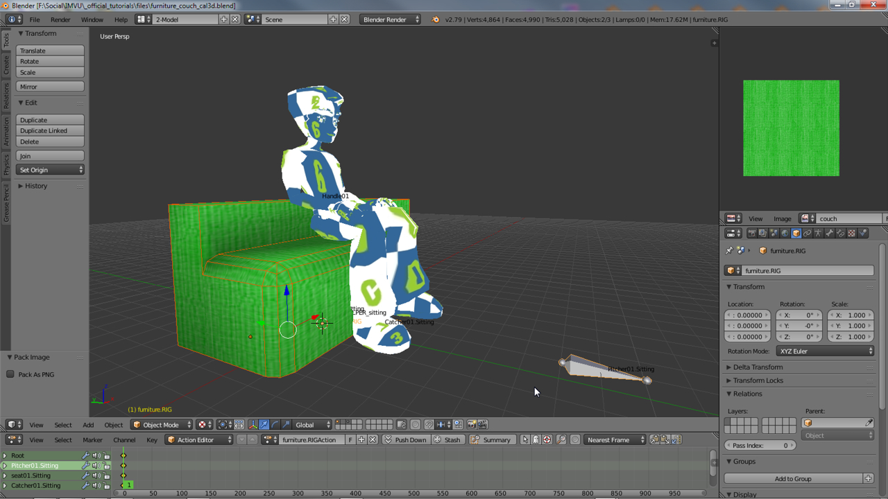 A furniture item in Blender selected and ready to export to Cal3D