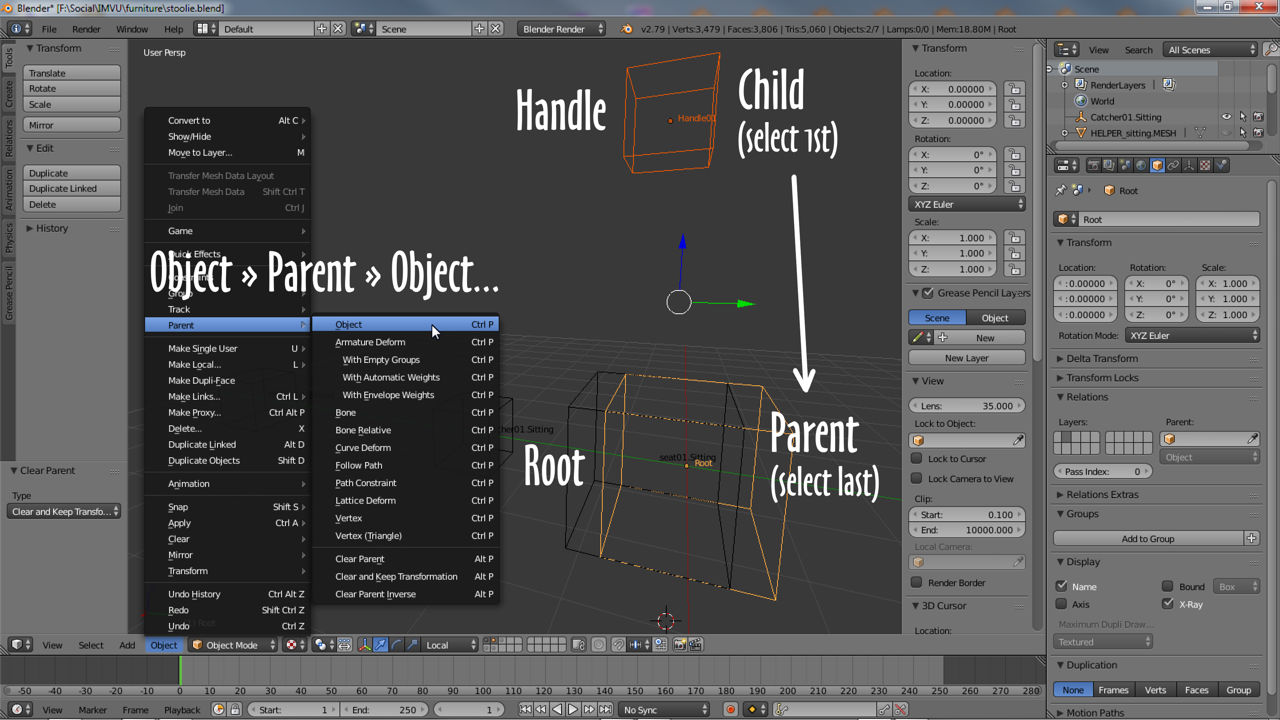 Parenting seat nodes to furniture Root