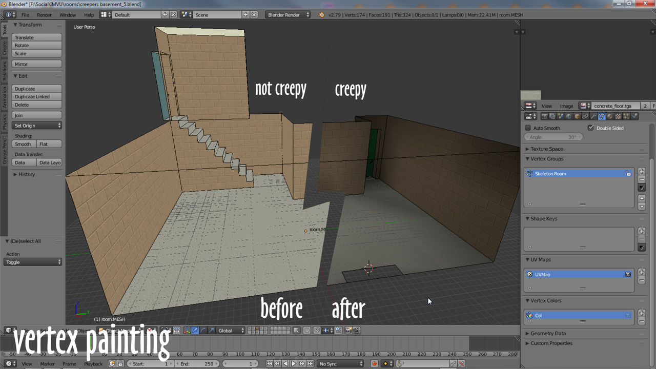 Creepers basement room, not creepy vs creepy with vertex shading