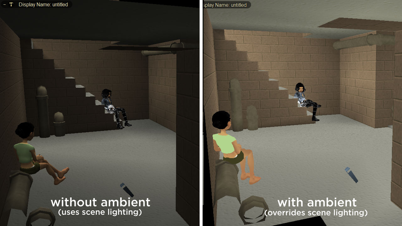 Different ways to lit rooms using lights (left) and ambient (right)