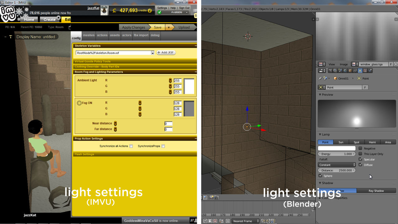 Changing lights depends on the type, either in IMVU (ambient) ot Blender (omni/spots)