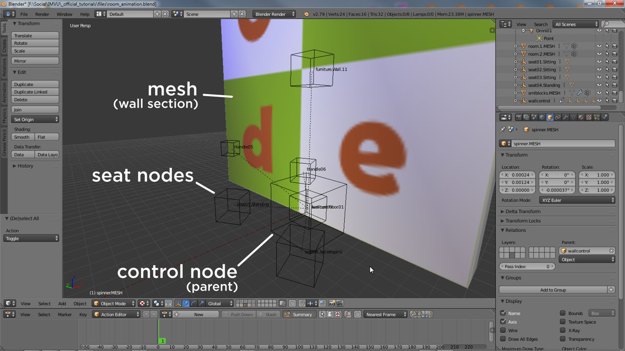 The animated wall section set up in Blender, mesh and nodes forming sub-skeleton