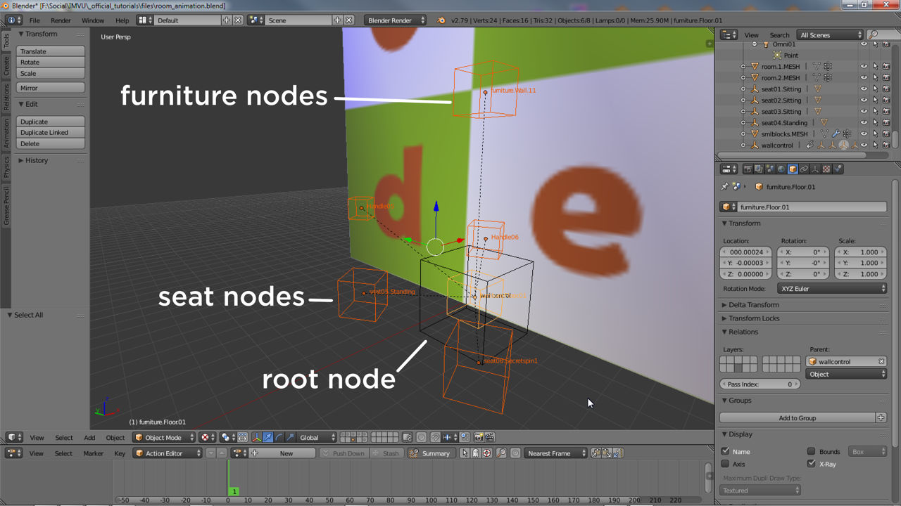 Animated elements can include furniture nodes and seating