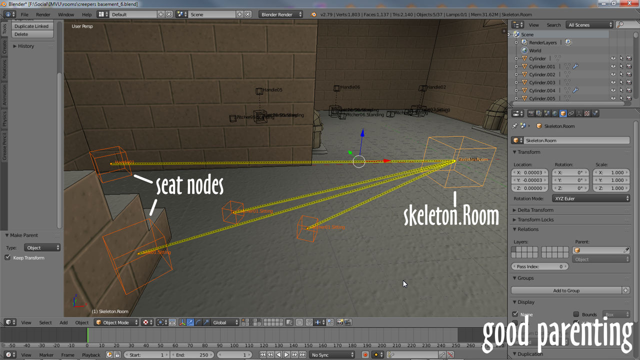 Parenting seat nodes to skeleton.Room