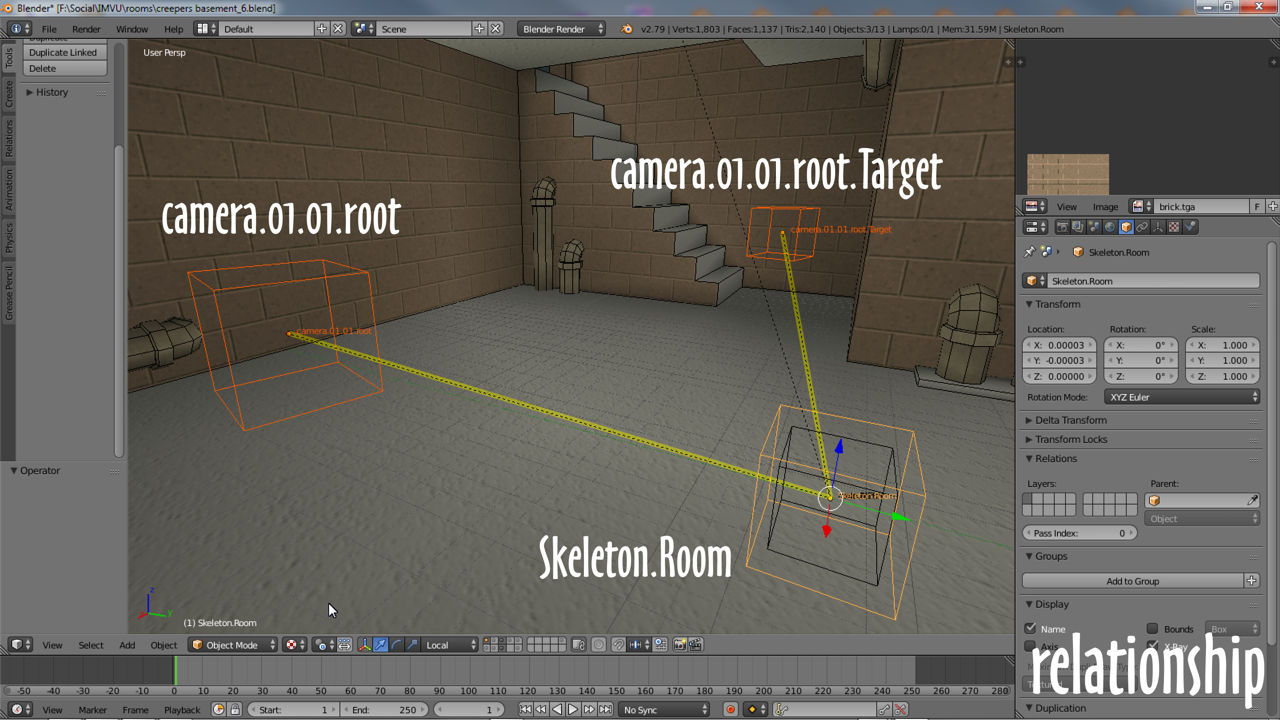 Parent both camera nodes to Skeleton.Room