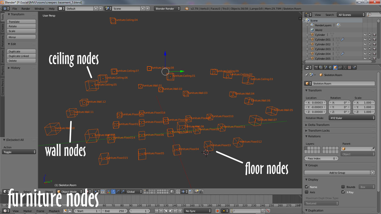 Furniture nodes for a simple basement room, includes floor, wall and ceiling